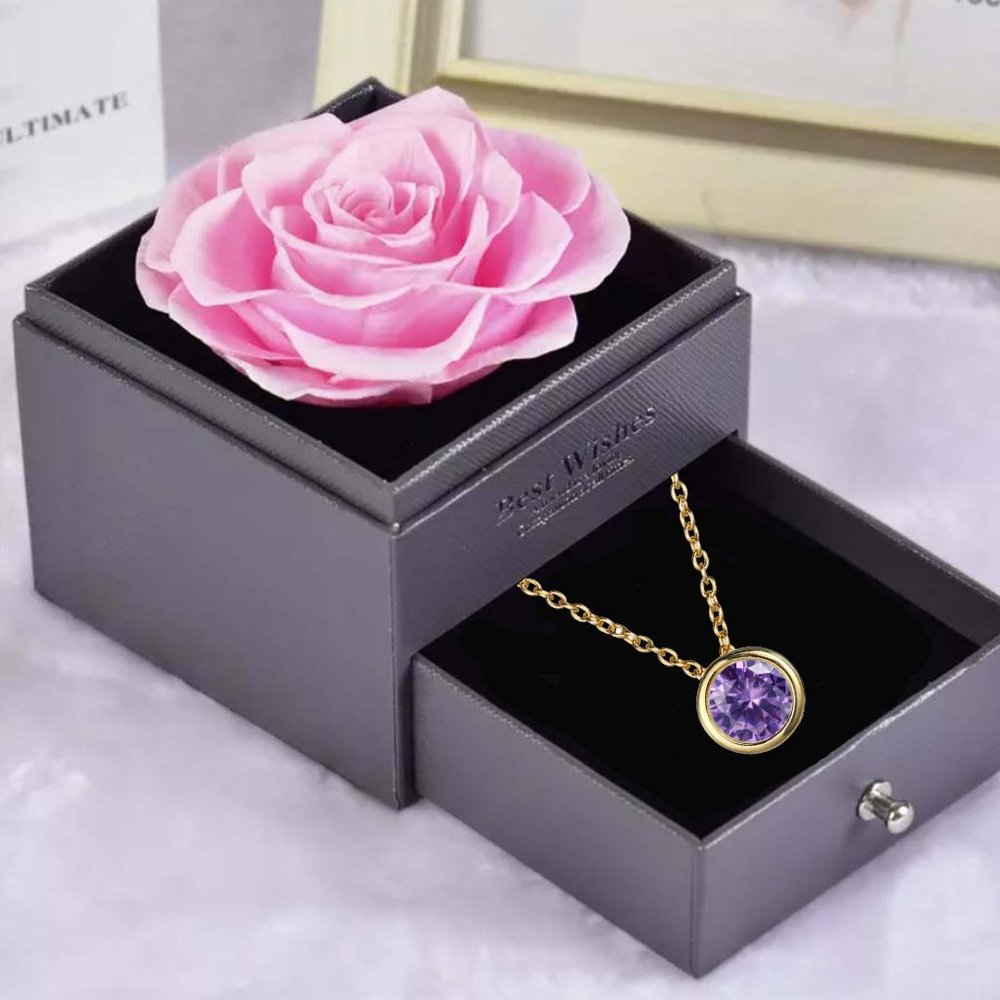 Preserved Rose In a Acrylic Box with Gold Plated February Birthstone Necklace